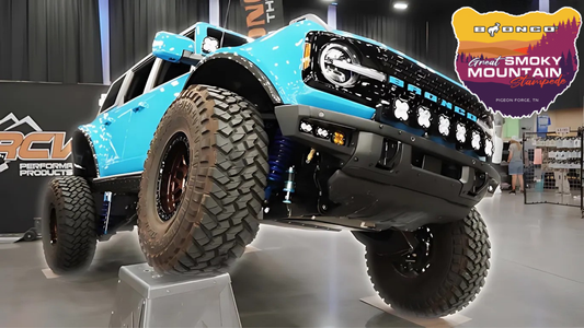 Blue Ford Bronco on display at the Great Smoky Mountain Bronco Stampede 2025 vendor expo in Pigeon Forge, TN.