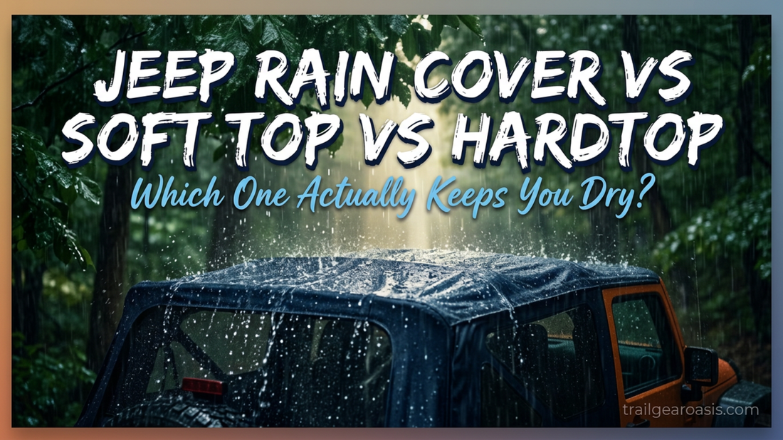 Jeep Wrangler with trail cover in heavy rain comparing rain protection options