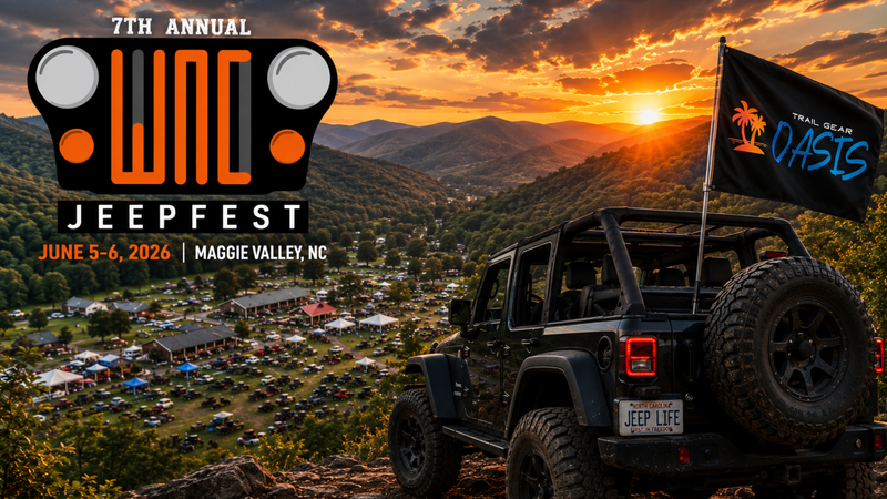 Jeeps with colored underglow rolling through the WNC JeepFest 2026 Glow Parade past the Welcome to Maggie Valley sign in North Carolina