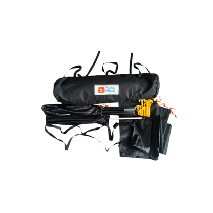 Trail Gear Oasis truck sun shade complete kit flatlay showing storage bag, canopy, poles, stakes and guy ropes