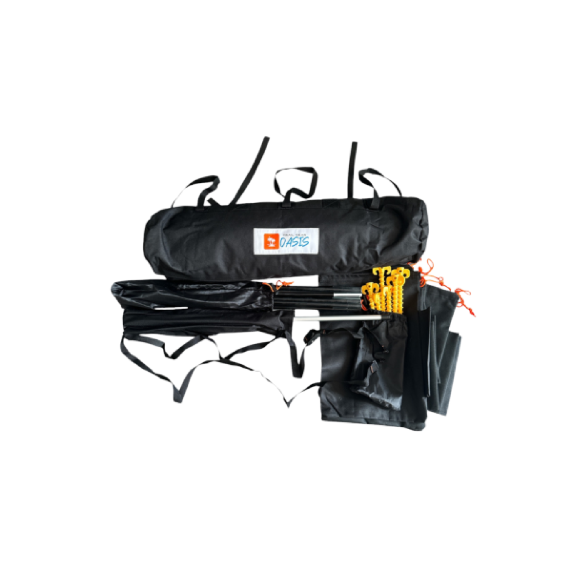 Trail Gear Oasis Sidekick Shade complete kit flatlay showing storage bag, canopy, poles, stakes and guy ropes with orange accents