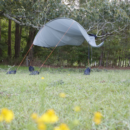 Trail Gear Oasis Sidekick Shade suspended between trees with orange guy lines and sandbag anchors in wooded area