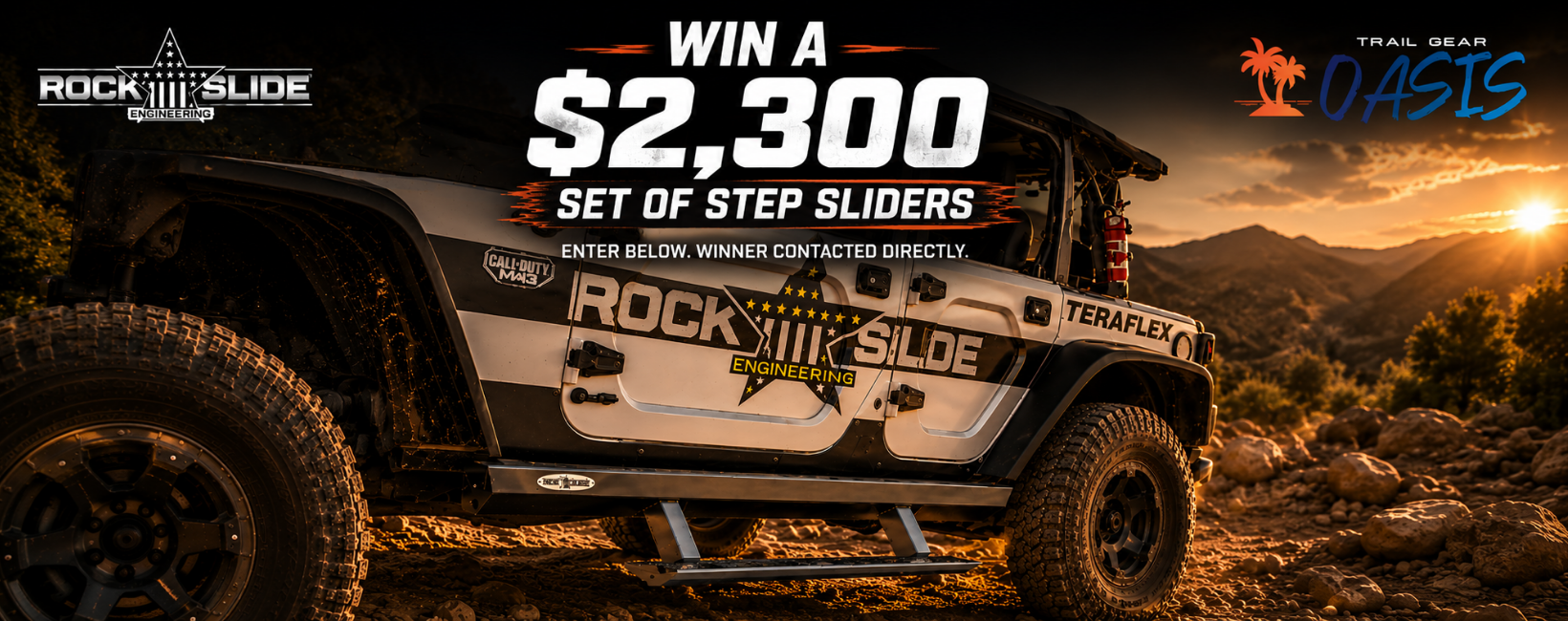 Win a $2,300 set of Rockslide Engineering Step Sliders giveaway with Trail Gear Oasis featuring a Jeep Wrangler with installed step sliders